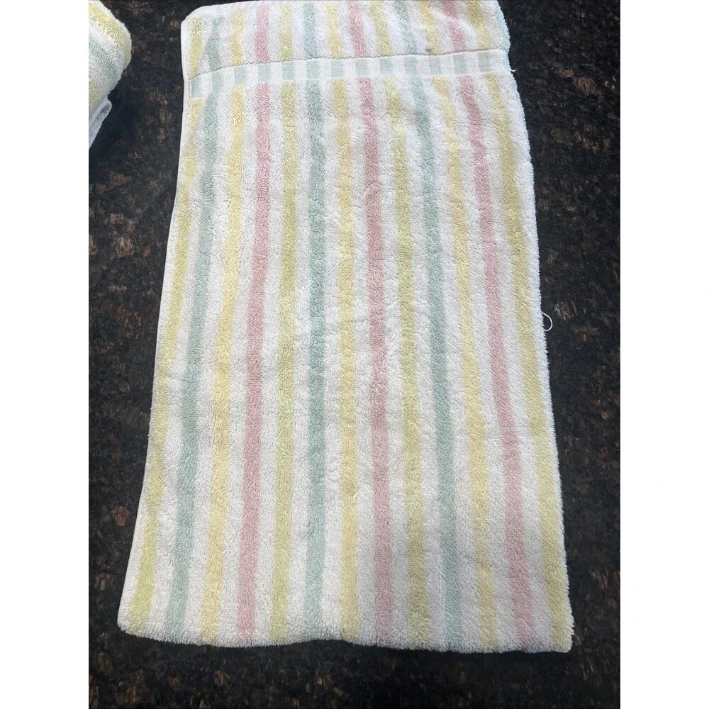 Pastel Stripe Towels Vintage White Pink Green USA Cotton Set of 3 | 46x24 3/4